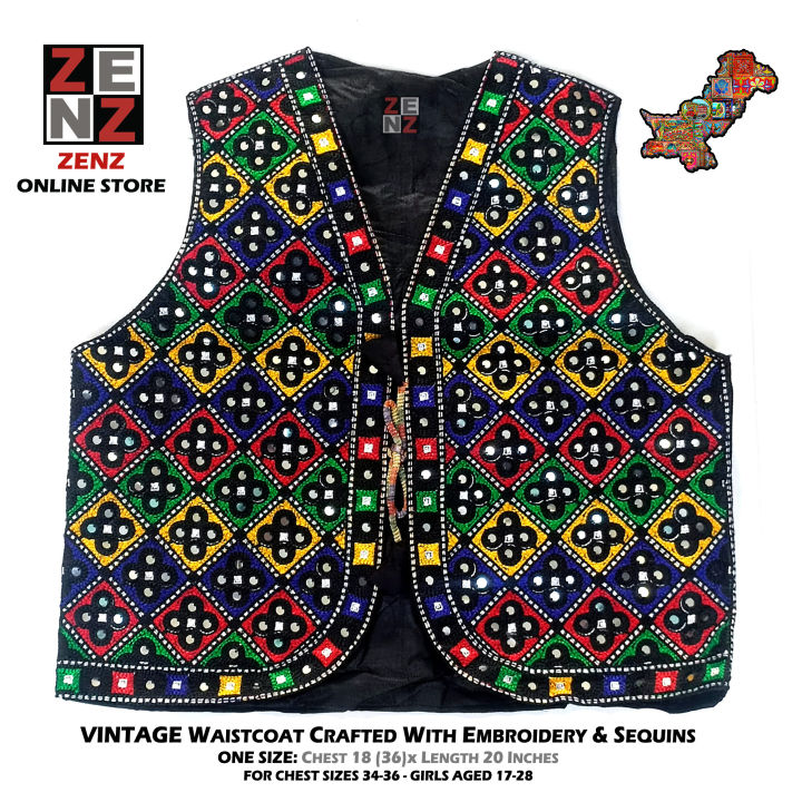Embroidered Pakistani Traditional Sindhi Balochi & Cultural Party Wear Waistcoat Koti for Women Chest Size 34-36 Inches Multicolour Embroidery Threadwork Waist Coat Craft by ZENZ
