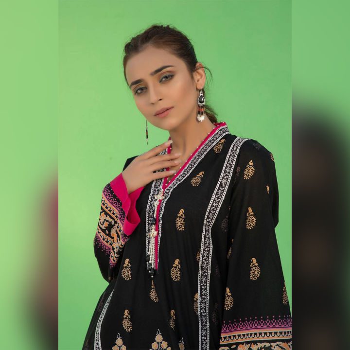Warda Women Stitched Black & Multi Lawn Print Chikan Kari Single Shirt  LS19093