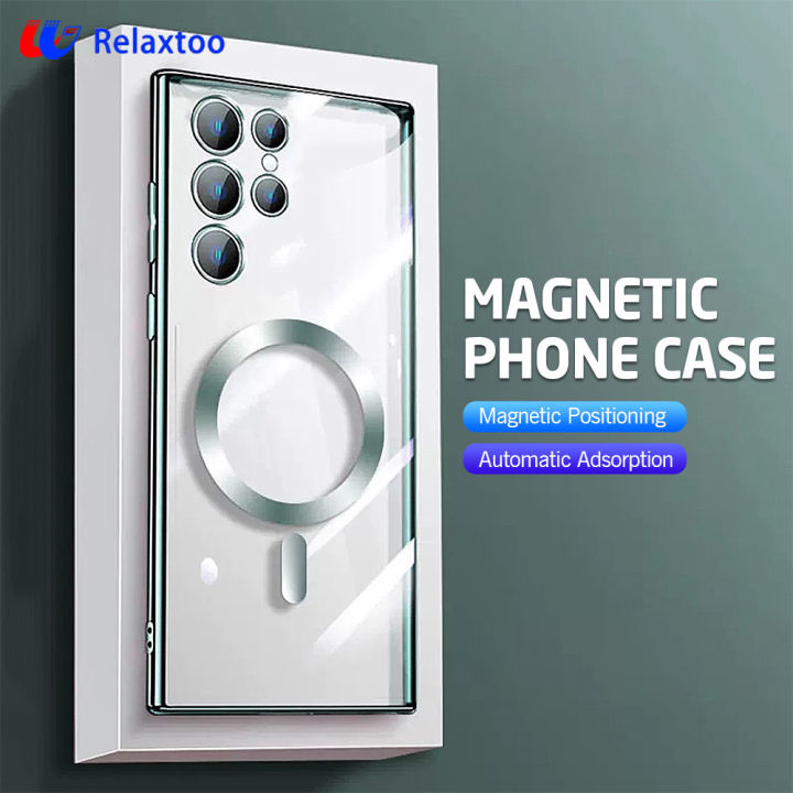 Relaxtoo For Samsung Galaxy S23 Ultra Magnetic Wireless Charging Plating Cover For Samsung Galaxy S23ultra Transparent Protection Shockproof Case
