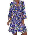 Mini Dress Cactus Print Ruffled Women V Neck Long Sleeve Buttons Dress for Beach. 