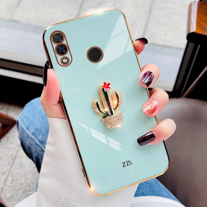 For Huawei P20 Lite Cover Fashion Rhinestone 3D Cactus Shiny Plating Square Bumper Phone Case Soft Silicone Shockproof Protective Back Cover