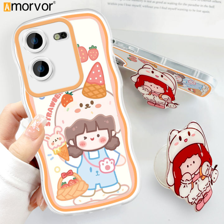 AMORVOR for Tecno Pova 5 Back Cover With Free Holder Lovely Girl Soft Wavy Phone Case Camera Protection Transparent TPU Soft Cover