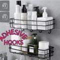 "Multipurpose Wall-Mounted Storage Rack - 1 Layer Metal Shelf with Hooks, Black Metal Shelf, Shower & Bathroom Storage Organizer, Kitchen Wall Rack, Durable Punch Frame, Space-Saving Design". 