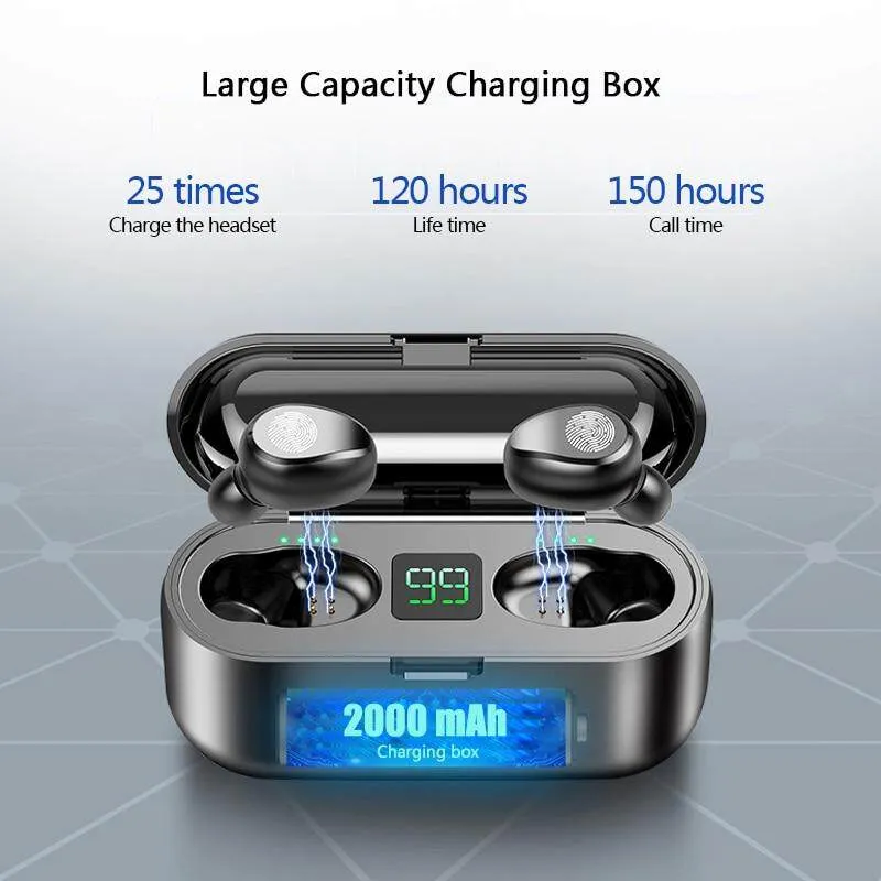 Wireless Bluetooth Earphone V5.1 F9 TWS Headset Waterproof Earbuds LED Display with Microphone with 2000mAh Power Daraz.pk