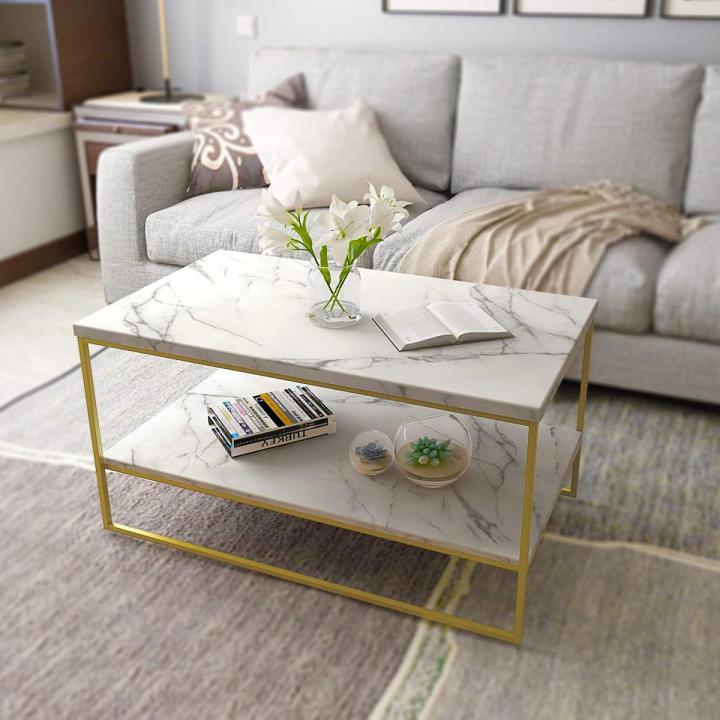 White Marble Texture Coffee Table with Gold Metal Legs, 2 Tier Living Room Table
