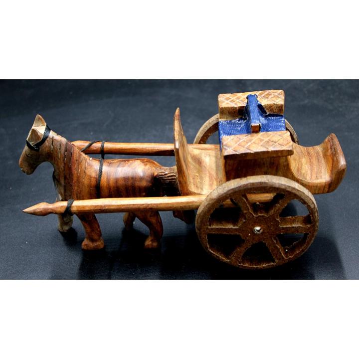 Hand carved wooden horse cart  for decoration brown