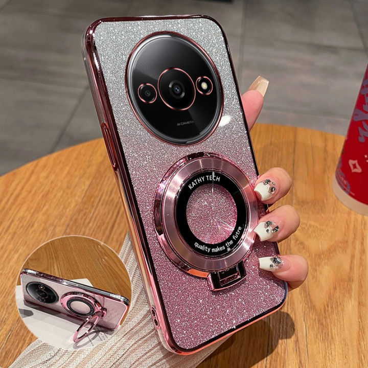 For Xiaomi Redmi A3 A3x Back Cover with Ring Stand Holder Luxury Shiny Plating Gradient Glitter  Phone Case Camera Protector Clear Soft Silicone Cases Pouch for Women Girls