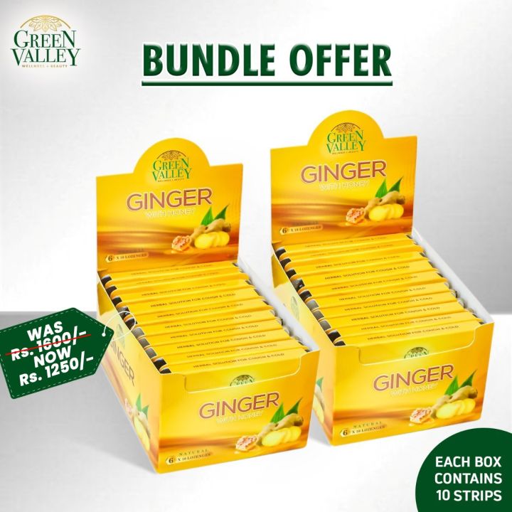 Green Valley Ginger Lozenges | Bundle of 2 Boxes (10 Strips Each) | Herbal Relief for Cough & Sore Throat