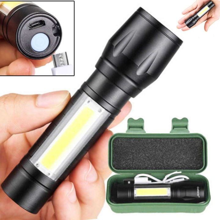 USB Rechargeable Waterproof Zoomable LED Flashlight Torch Tial Clip - Telescopic Zoom Torch Mini LED Light & Cable