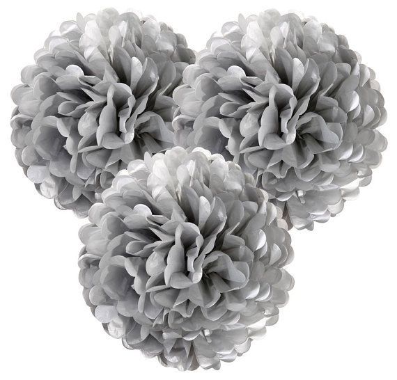 Paper Flower Pom Pom - 6 Inch Size - Silver Color - Pack Of 3