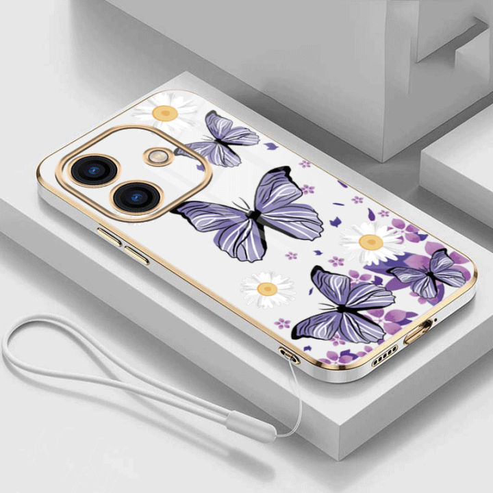 realme Note 60 note60 50 Butterfly Flower Rubber Phone Cover Glossy Plating Case Shockproof Casing with Strap