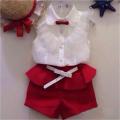 【BestGO】new  Summer fashion Girl lace white blouses+ red shorts clothing set twinset. 