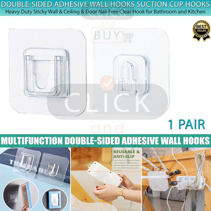 1 Pair (2PCS)- Double Sided Adhesive Wall Hooks - Transparent