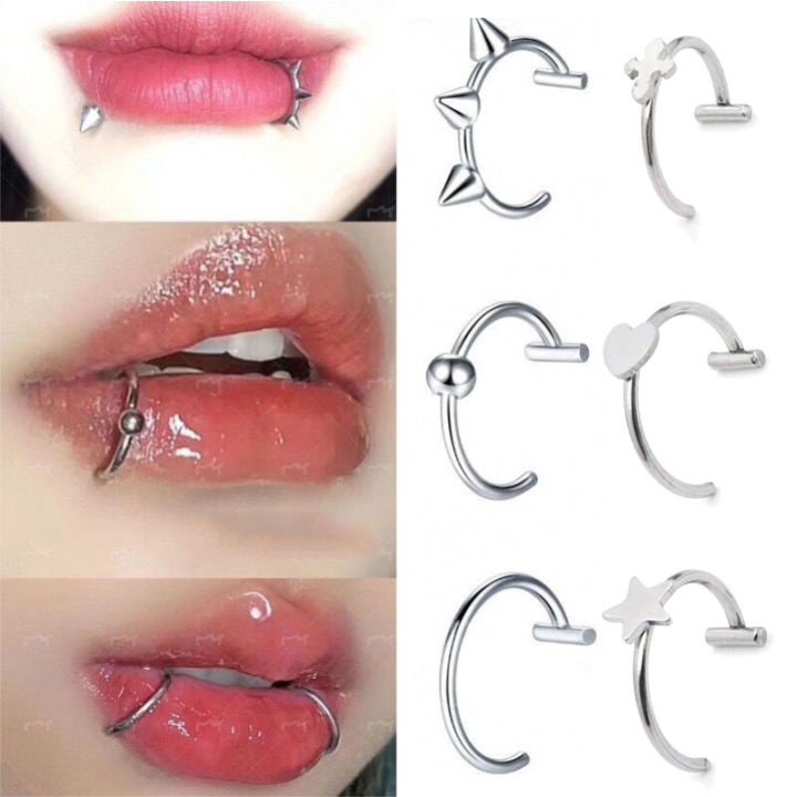 Punk Nose Ring Stainless Steel T Shaped Lip Ring Heart Star Clip on Non Body Piercing Hoop Women Men