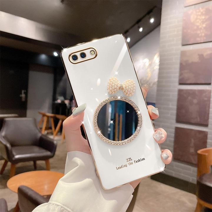 For OPPO A12e Back Cover + Bowknot Makeup Mirror Fashion Shiny Plating Square Bumper Bling Girls Phone Case Soft TPU Silicone Shockproof Back Cover