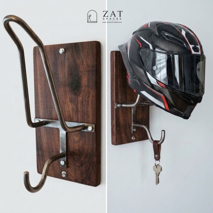 Helmet Holder | Wall Mounted Helmet Rack | Motorcycle Helmet Stand | Bike Helmet Storage Organizer | Wooden Helmet Hanger | Riding Gear Organizer | ZAT Spaces