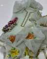 New Arrival Hand Paint Emblished Organza With Beats Adda Work Dupatta Along Qataan Silk Shirt & Trouser 3 Piece Dress. 