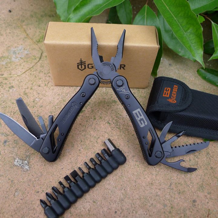 9 in 1 Gerber Multitool Kit With 11 Piece Bit Set Screwdrivers Stainless Steel Small Pocket Size Multi tool Plier Light Weight Survival Gadget Black Multipurpose
