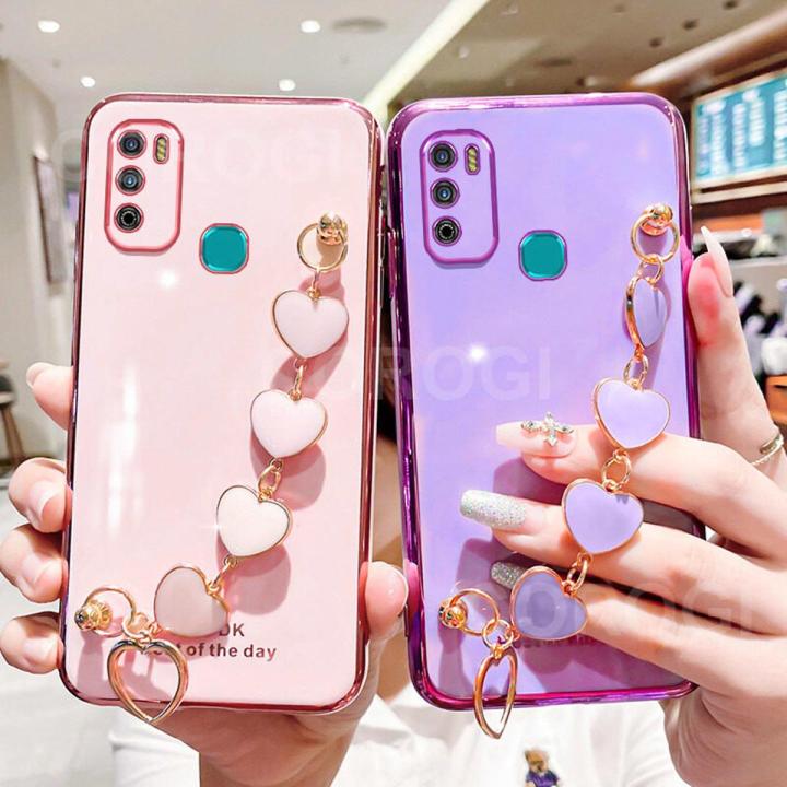 Maitus for Infinix Hot 9 Play Back Cover with Love Heart Bracelet Fashion Chain Plating Shiny Bling Cases Soft Silicone Mobile Phone Case for Girls Boy