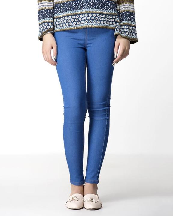 Blue Cotton High Elasticity Jegging Faux Jeans for Women