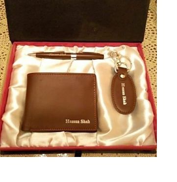 CUSTOMIZE BROWN LEATHER NAME  WALLET FOR MEN , KEYCHAIN & PEN (PERFECT GIFT TO SEND YOUR FATHER , HUSBAND , FIANCE OR ANY ONE)