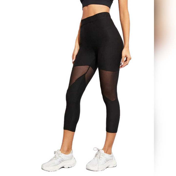 Women's Yoga Fashion Mesh Splicing Stretch Sports Running Cropped Pants High Waist Fiess Gym Tights
