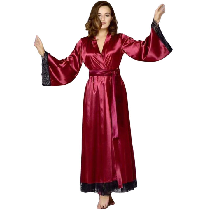 Bridal Maroon Silk Nightwear Set - Sexy Long Gown, Sleepwear, Bridal Night Suit
