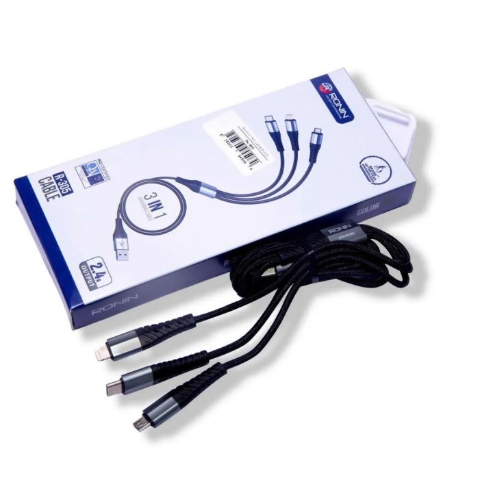 Ronin R305, 3 in 1 Cable Fast Charging , ANDROID, Type C & IOS Best In Quality High - Speed Data Cable - Black.