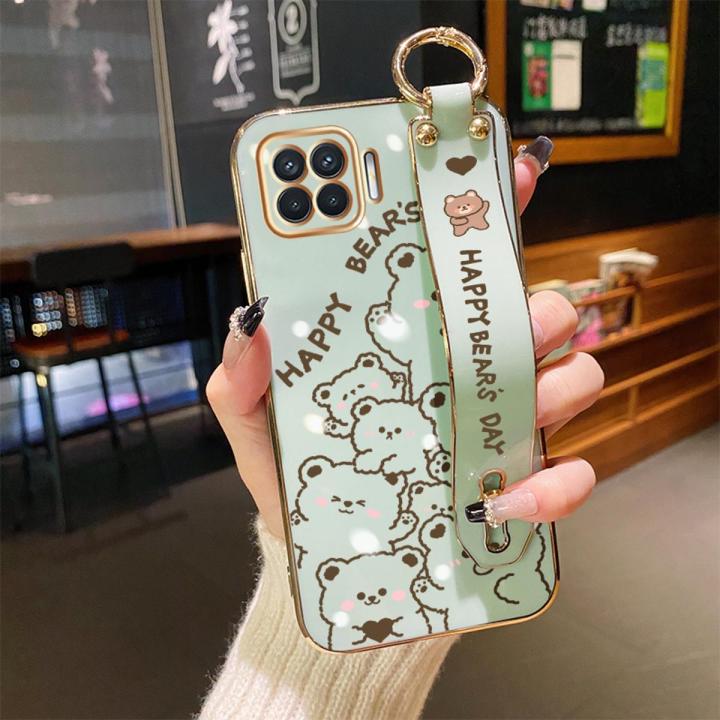 JIUMOO For OPPO A93 2020 Case With Wristband Cartoon Cute Line Bear New Design Shockproof Phone Case Pattern Plating Silicone Casing Full Cover Camera Thin SoftCase Protection Cases