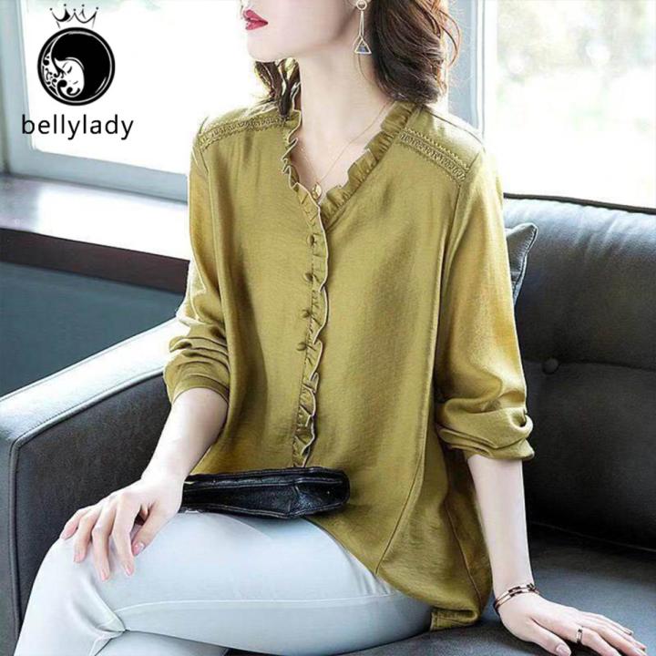 Women Shirt Comfortable Linen Cotton Solid Color Pleated Lace Stylish V-neck Long-sleeved Simple Loose Pullover Bottoming Shirt