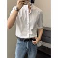 Summer thin stand up collar ice silk short sleeved for men Ins trendy brand new Chinese light mature style slim fit one and a half shirt. 