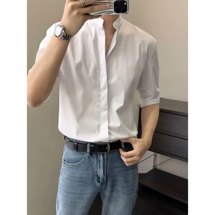 Summer%20thin%20stand%20up%20collar%20ice%20silk%20short%20sleeved%20for%20men%20Ins%20trendy%20brand%20new%20Chinese%20light%20mature%20style%20slim%20fit%20one%20and%20a%20half%20shirt%20-%20Image%202