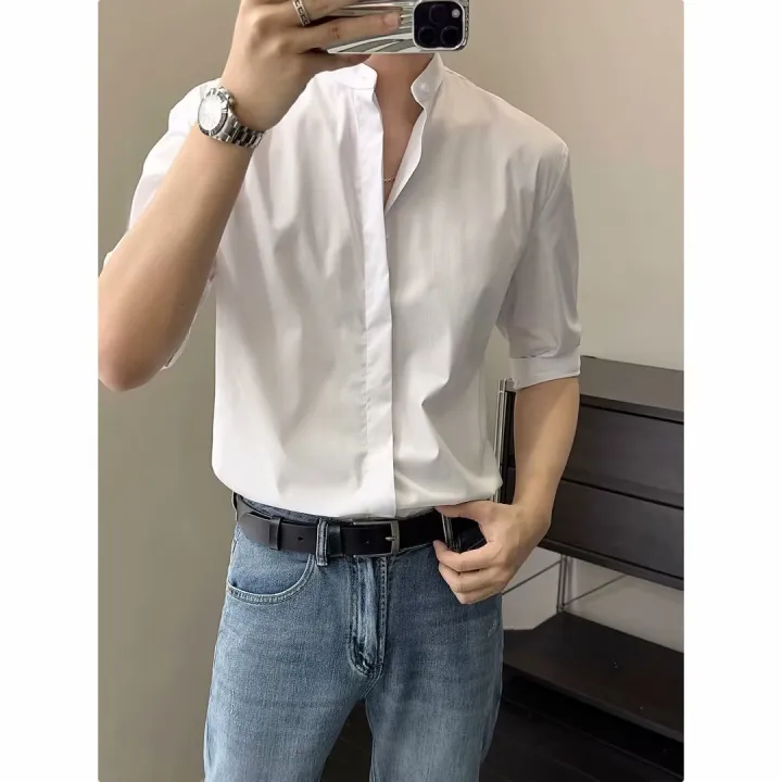 Summer%20thin%20stand%20up%20collar%20ice%20silk%20short%20sleeved%20for%20men%20Ins%20trendy%20brand%20new%20Chinese%20light%20mature%20style%20slim%20fit%20one%20and%20a%20half%20shirt%20-%20Image%202