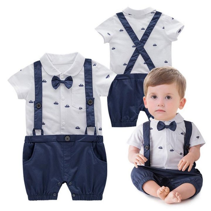 Infant Baby Boy Short Sleeve Gentleman Cartoon Print Romper Solid Print Jumpsuit