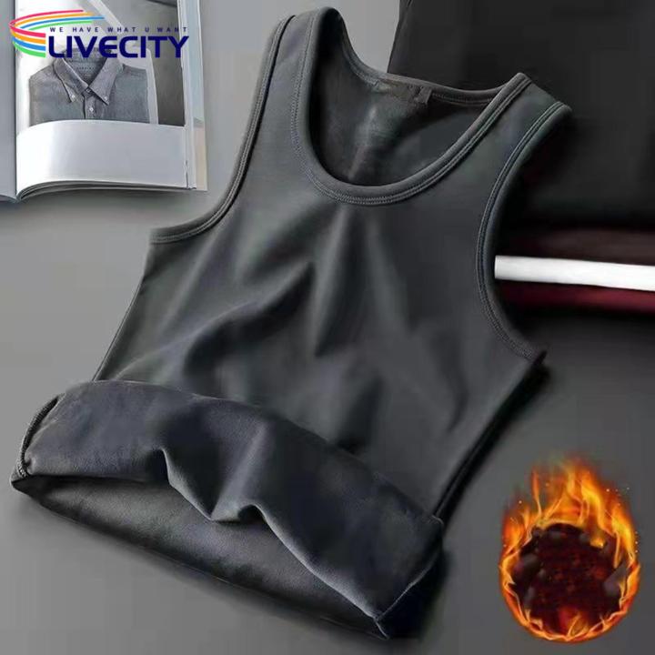 Men Sleeveless Top Ultra-thick Fleece Lined Tank Top Vest Warm Thermal Base Layer for Southeast Asian Buyers Men Thermal Vest