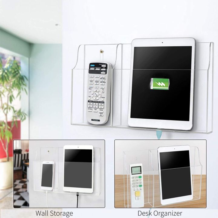Wall%20Mount%20Acrylic%20Phone%20Holder,%20Tablet%20Stand%20Remote%20Control%20Holder%20Hands%20for%20Charging,%20Large%20Media%20Organizer%20Caddy%20Box%20for%20Desk%20and%20Nightstand%20(2%20Holes)%20-%20Image%203