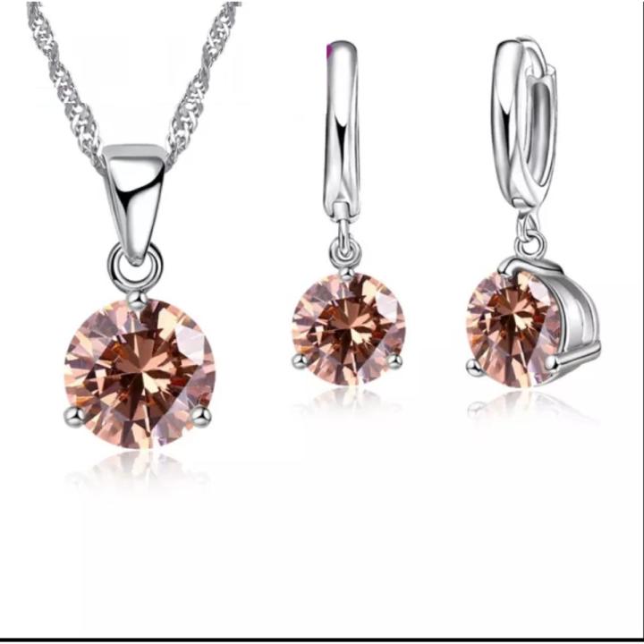 New Fashion Women Pendants Necklace Simple Geometry Circle Earrings Crystal 925 Sterling Silver Jewelry Sets for Wedding