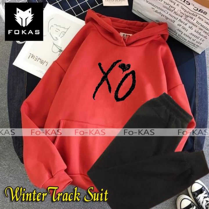 High Quality Winter Fleece Tracksuit Export Quality Casual XO Heart Printed Hoodie + Trouser Track Suit for Girls_Boys