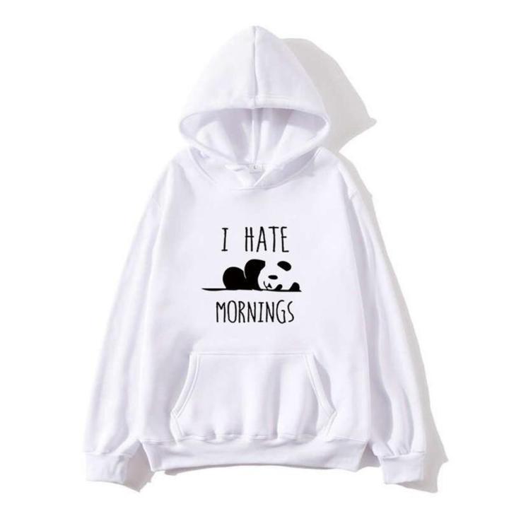 White I Hate morning printed pullover hoodie