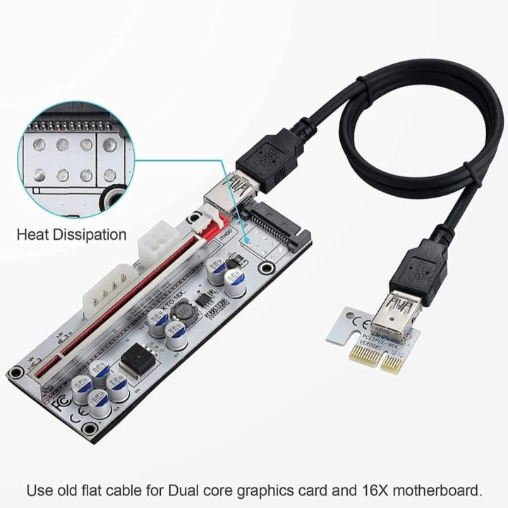 BEYIMEI PCI-E 1X to 16X Riser Card, GPU Riser Adapter Card, with 0.6 m USB 3.0 Extension Cable, 6PIN / 4PIN / SATA Interface
