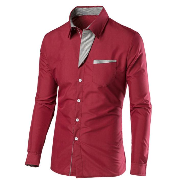 Men Dress Shirt Color Block Turndown Collar Buttons Shirt