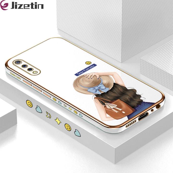 Jizetin (Free Lanyard) for Vivo S1 Back Cover Girl In Hat Luxury 6D Plating Case Side Pattern Soft Silicone Square Phone Cases