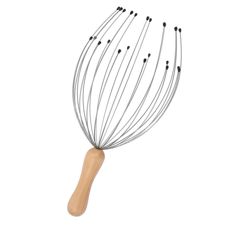 24 Fingers Head Massager Scalp Scratcher for Human or Pet Head Massage, Head Relaxing,Wood Handle for Comfortable Temple Massage