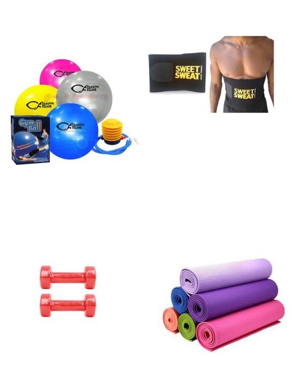 Ladies Gym Set - Yoga Mat with Gym Ball (with Pump), 2 kg Vinyl dumbbells, Waist Trimmer and Shaker Bottle