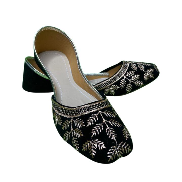 Leather Handmade Khussa For Girls Black With Tilla Work