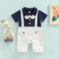 Baby Boy's Romper, Lapel Collar Short Sleeve Bow-Tied Plaid Printed One Piece Patchwork Jumpsuit. 