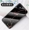 For Iphone 11 Marble Case, Gemstones Glass Back + Soft TPU Frame Patterned Shockproof Cover Casing. 