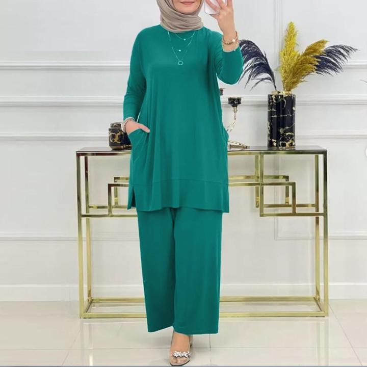 Fashion Tracksuit Women Long Sleeve Blouse Trousers Suits Islamic Clothing 2PCS Muslim Sets Autumn Solid Abaya Outifits