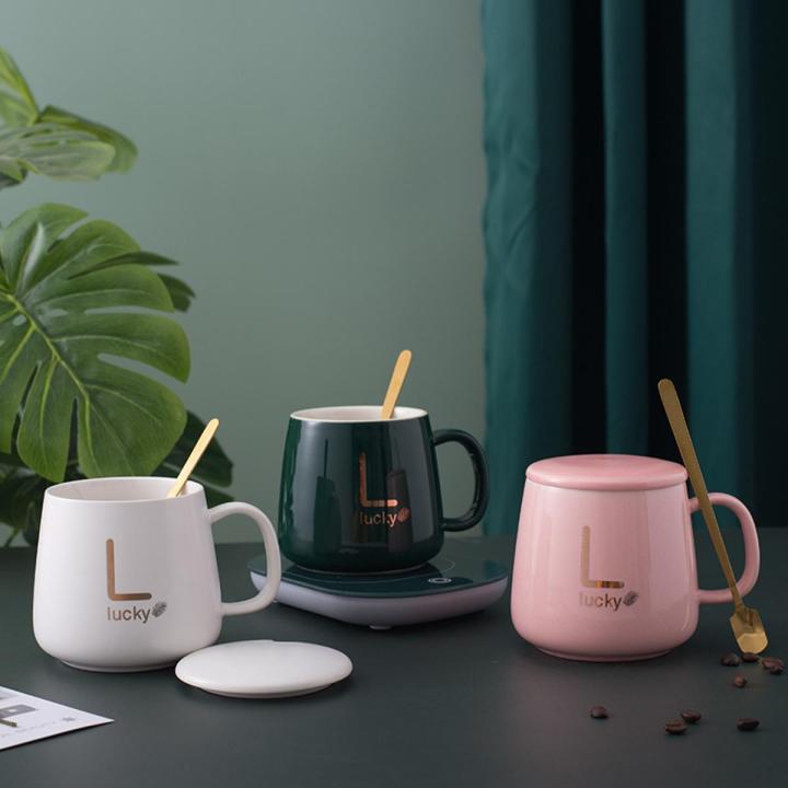 Coffee Mug-Warmer, USB Electric Coffee Cup Warmer for Desk, with Automatic On/Off to Keep Temperature Up to 104-122℉/ 40-50℃, Include Ceramic Mug, Cover, Spoon, Enjoy Anytime Hot Drinks,Green