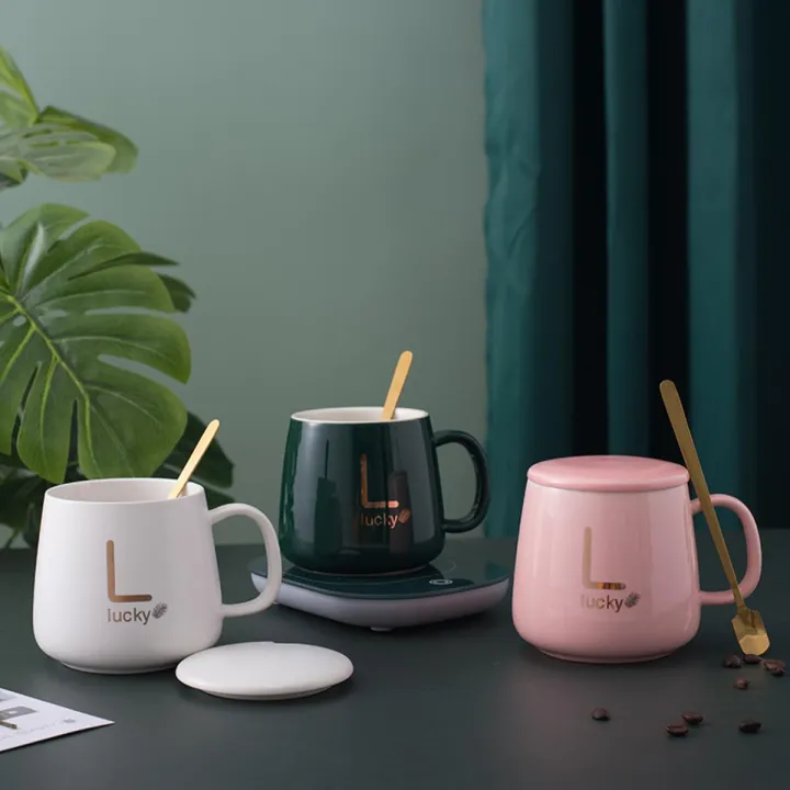 Coffee Mug-Warmer, USB Electric Coffee Cup Warmer for Desk, with Automatic On/Off to Keep Temperature Up to 104-122℉/ 40-50℃, Include Ceramic Mug, Cover, Spoon, Enjoy Anytime Hot Drinks,Green